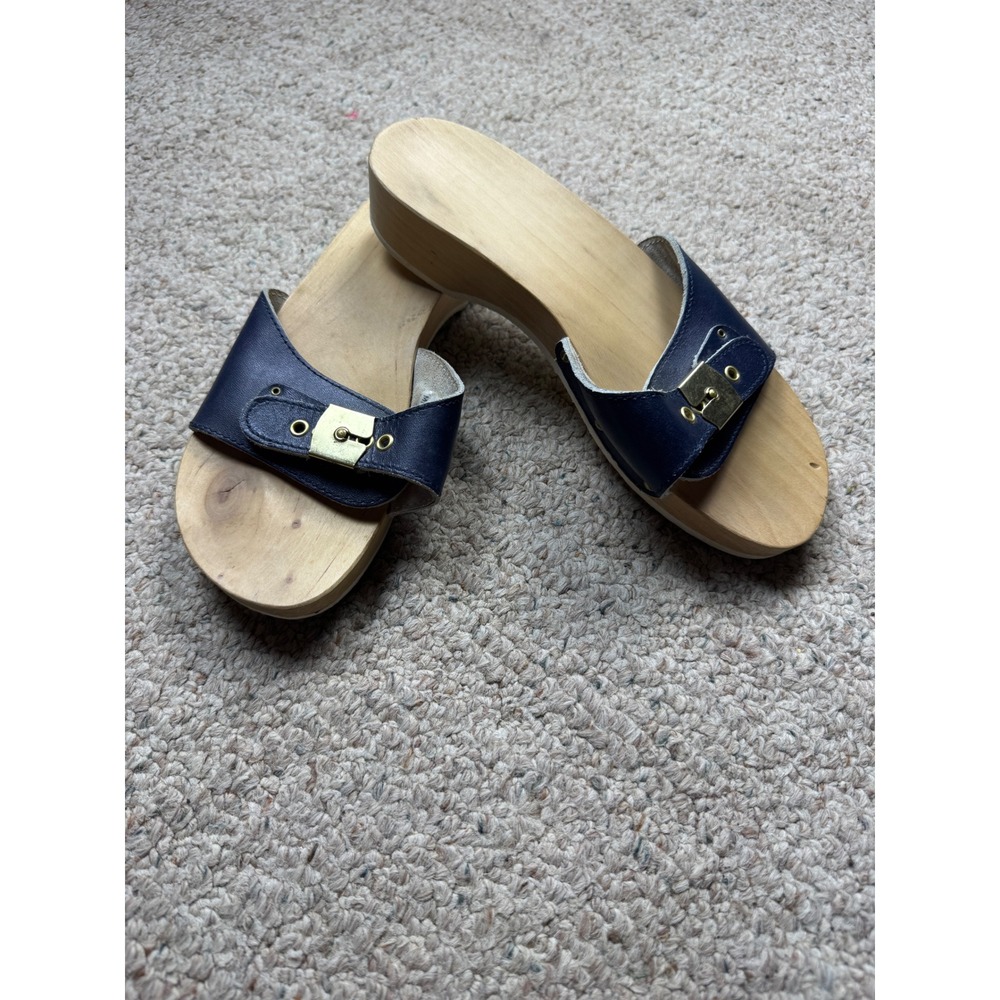Dr. Scholls Style Navy Blue Leather Italian Wood Platform Clogs Slides Size‎ 8.5